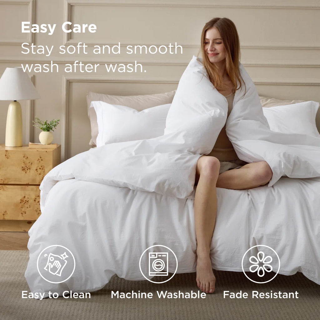 Washed Cotton Duvet Cover Queen Set - Minimalist Cotton Beding Set For All Season（set of 3）